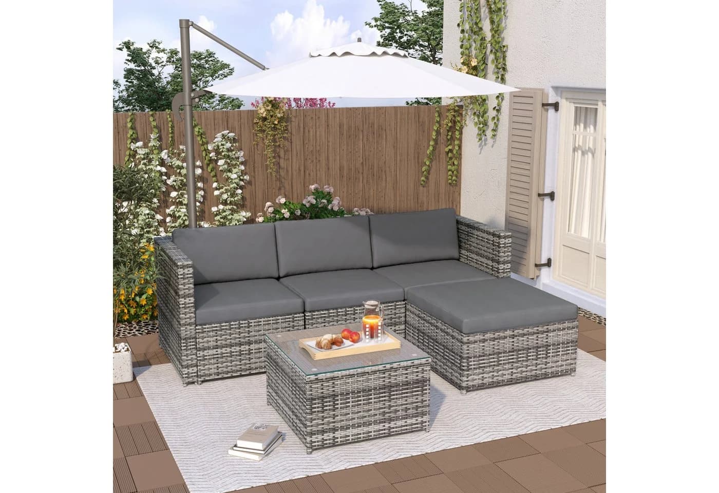 Flieks Gartenlounge-Set Grau Polyrattan mit Kissen - Bild 3