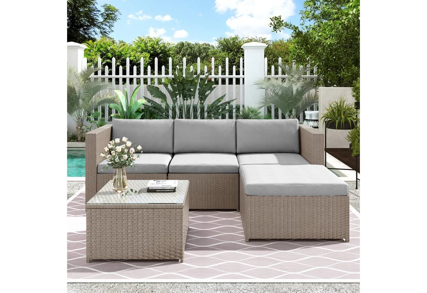 Flieks Gartenlounge-Set Polyrattan Ecksofa mit Kissen und Glas-Tisch