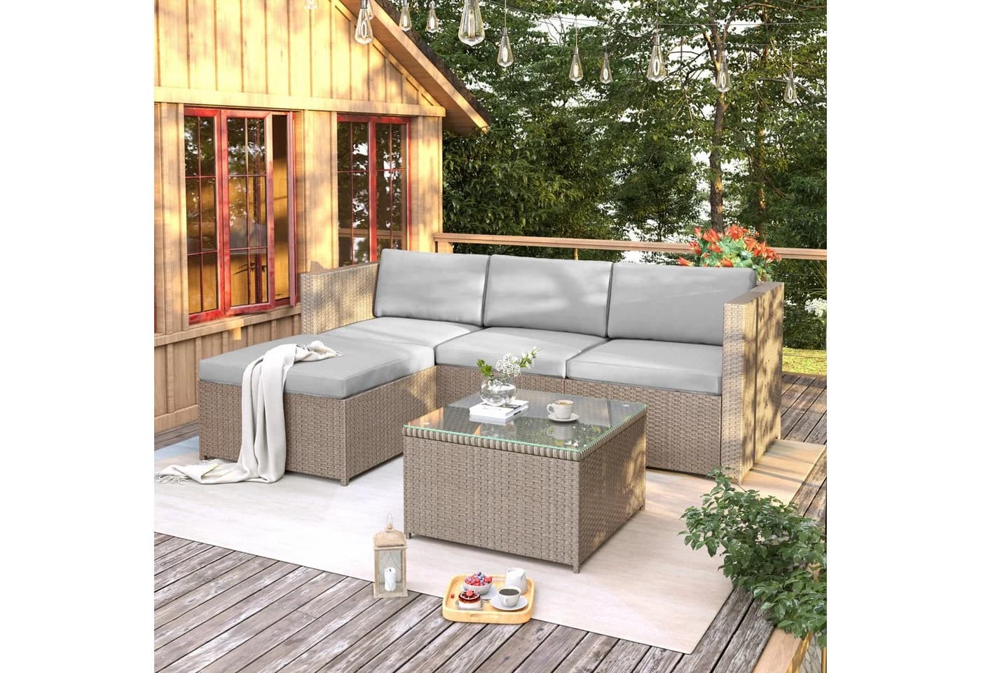 Flieks Gartenlounge-Set Polyrattan Ecksofa mit Kissen und Glas-Tisch - Bild 3
