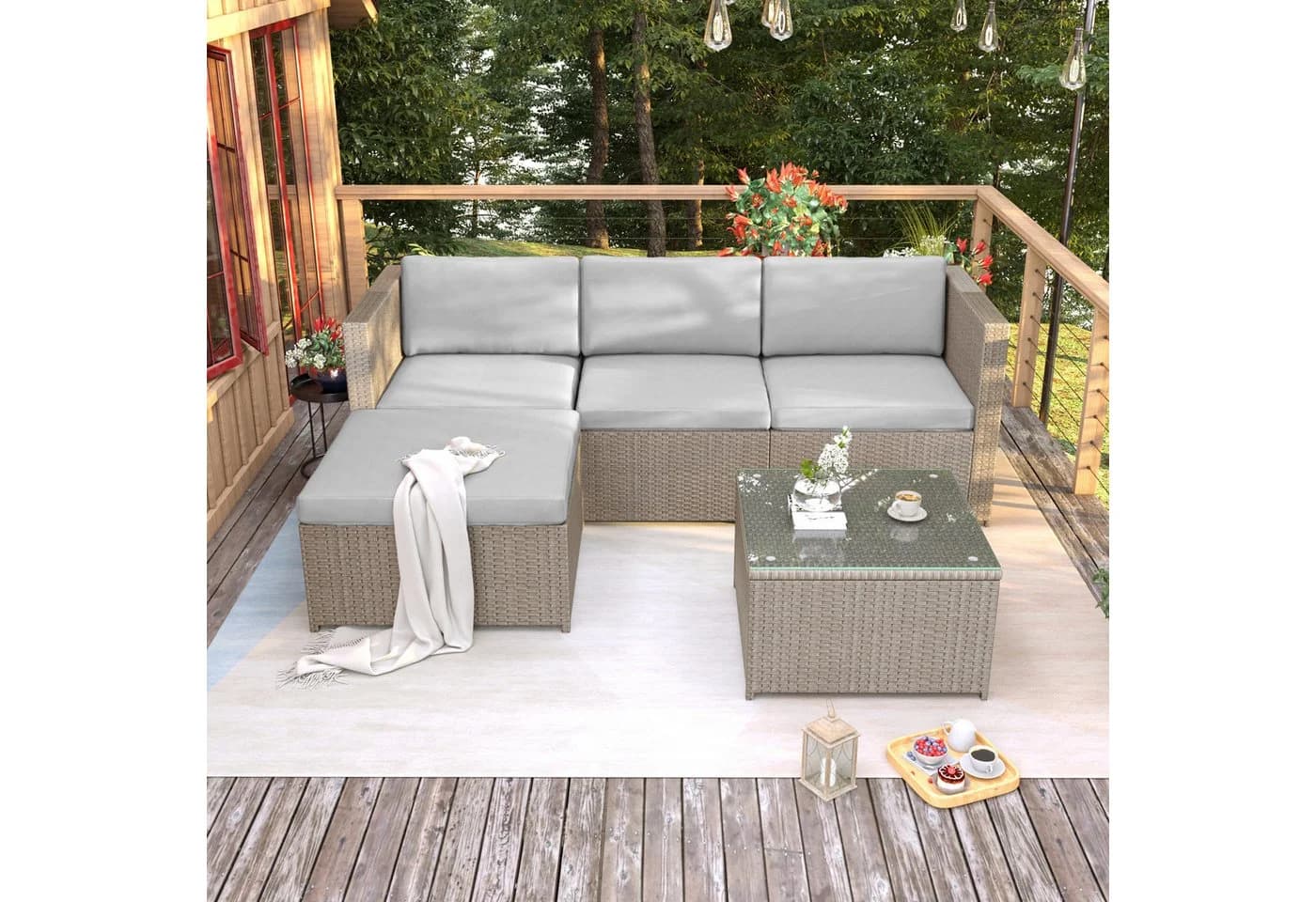 Flieks Gartenlounge-Set Polyrattan Ecksofa mit Kissen und Glas-Tisch - Bild 4