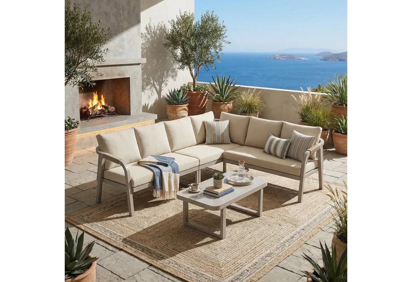 Flieks Gartenlounge-Set 6-Sitzer Beige mit Seilgeflecht