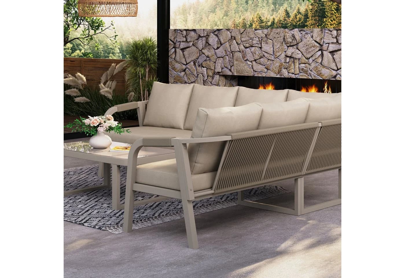 Flieks Gartenlounge-Set 6-Sitzer Beige mit Seilgeflecht - Bild 4