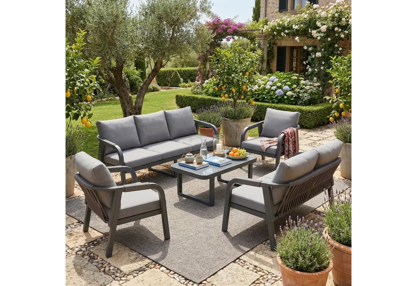 Flieks Gartenlounge-Set 7-tlg. Grau Geflecht