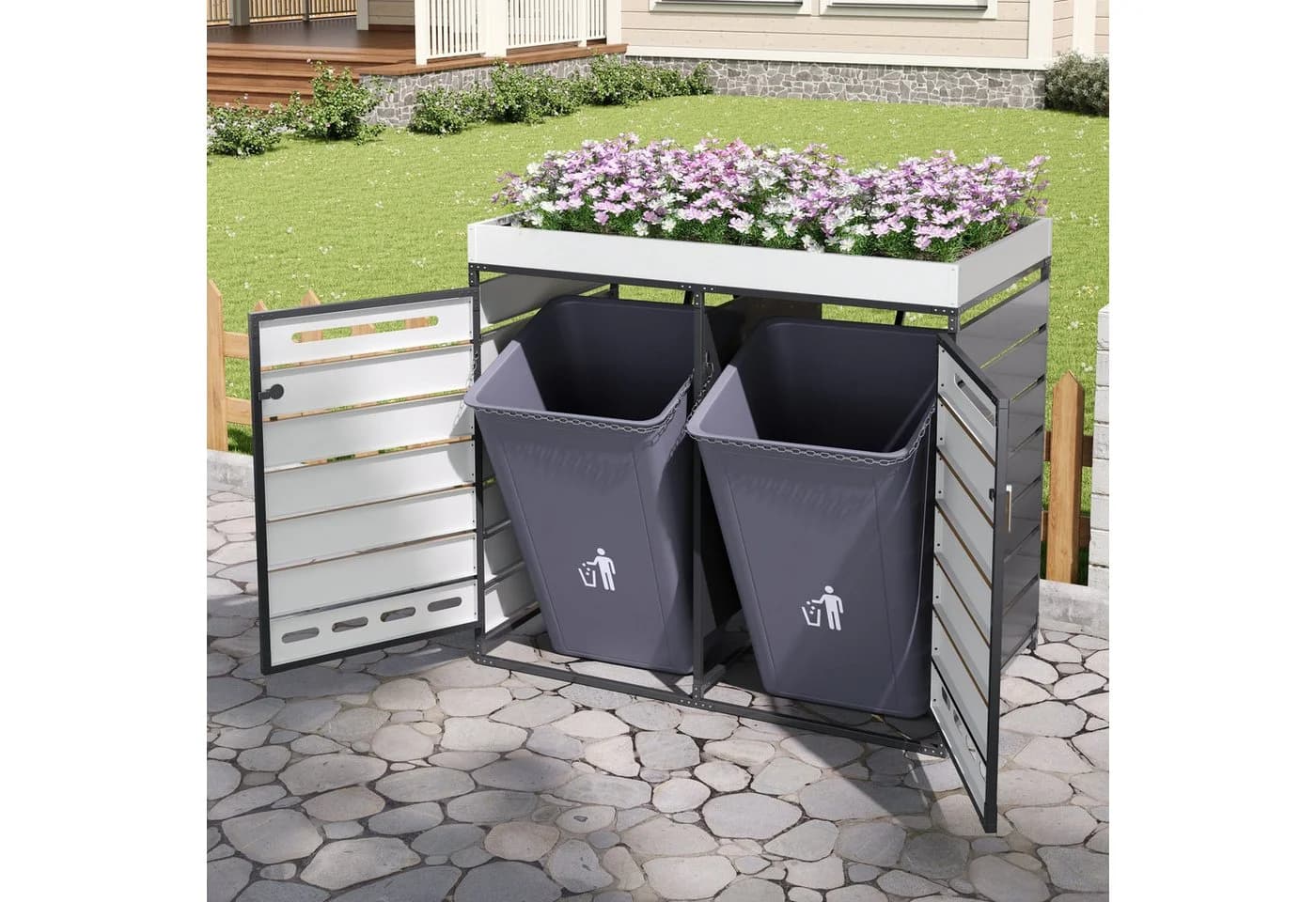Flieks Mülltonnenbox Schwarz für 2 Tonnen 120-240L mit Schloss & Pflanzkasten