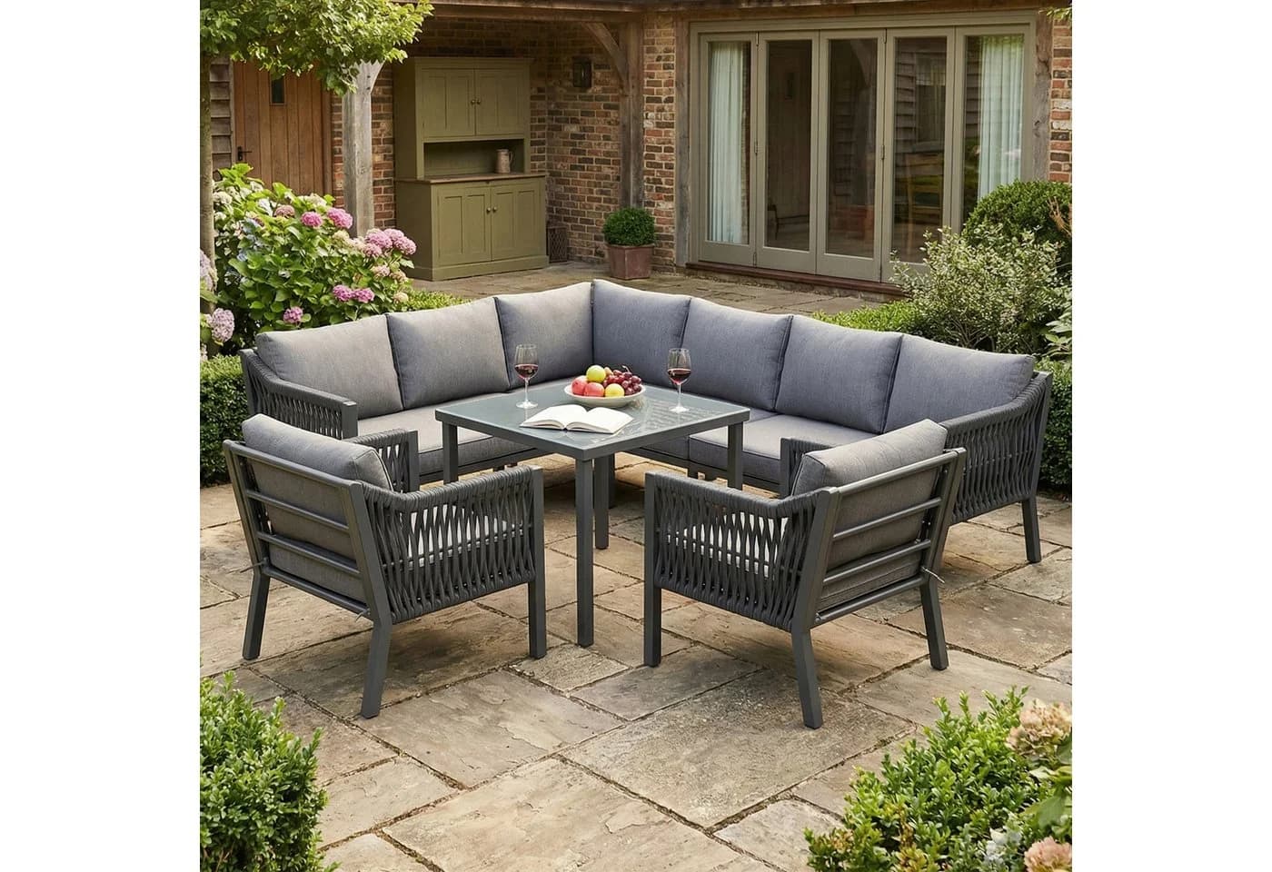 Flieks Gartenlounge-Set 8-Sitzer Ecksofa mit Esstisch grau