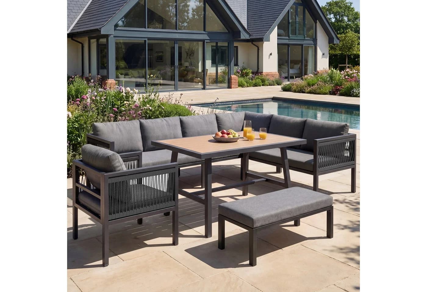 Flieks Gartenlounge-Set 9-tlg. Grau mit Tisch & Hocker - Bild 3