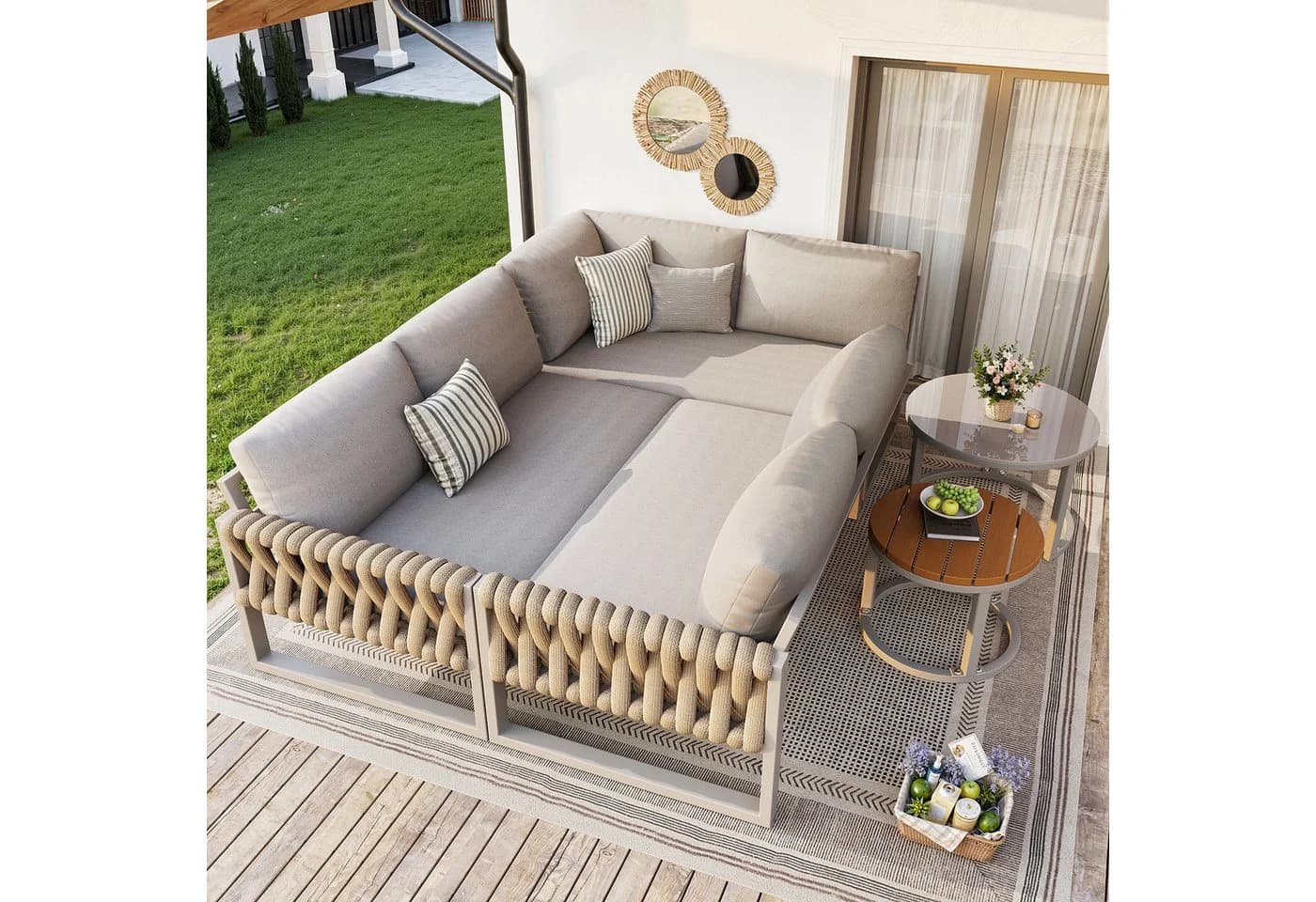 Merax Gartenlounge-Set L-förmiges Gartensofa-Set aus Eisen, 5-tlg. Beige/Grau