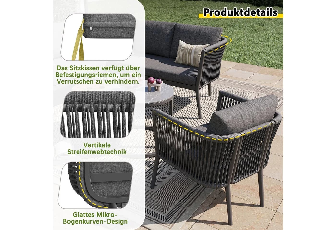 Merax Gartenlounge-Set 6-tlg. Beige/Grau Seil & Eisen - Bild 3