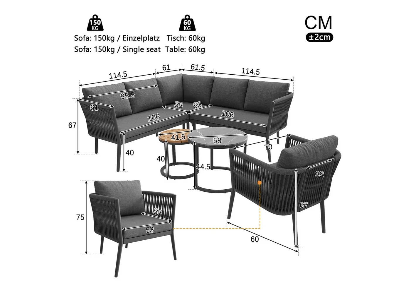 Merax Gartenlounge-Set 6-tlg. Beige/Grau Seil & Eisen - Bild 5
