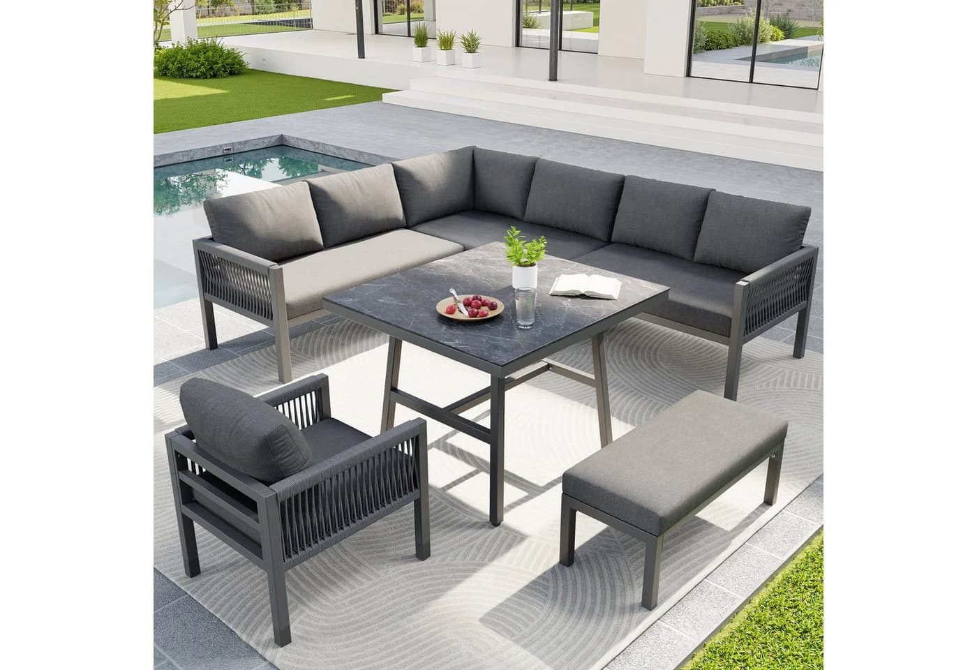 Merax Gartenlounge-Set 6-tlg. Grau Handgeflochten L-Form