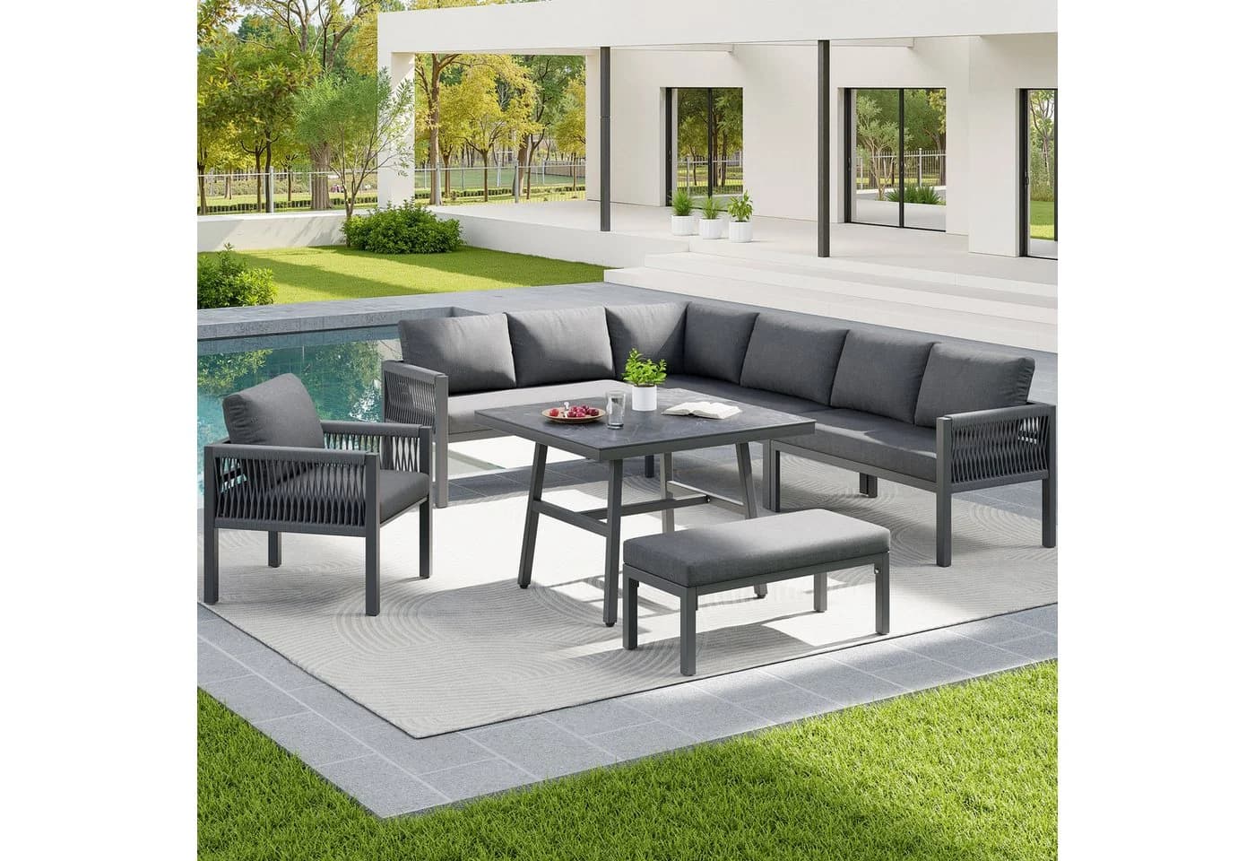 Merax Gartenlounge-Set 6-tlg. Grau Handgeflochten L-Form - Bild 3