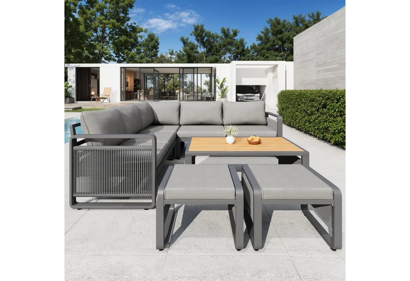 Merax Gartenlounge-Set 7-tlg. Beige/Grau Seilgeflecht