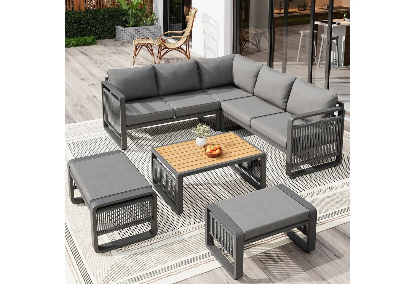 Merax Gartenlounge-Set 7-tlg. Beige/Grau Seilgeflecht - Bild 2