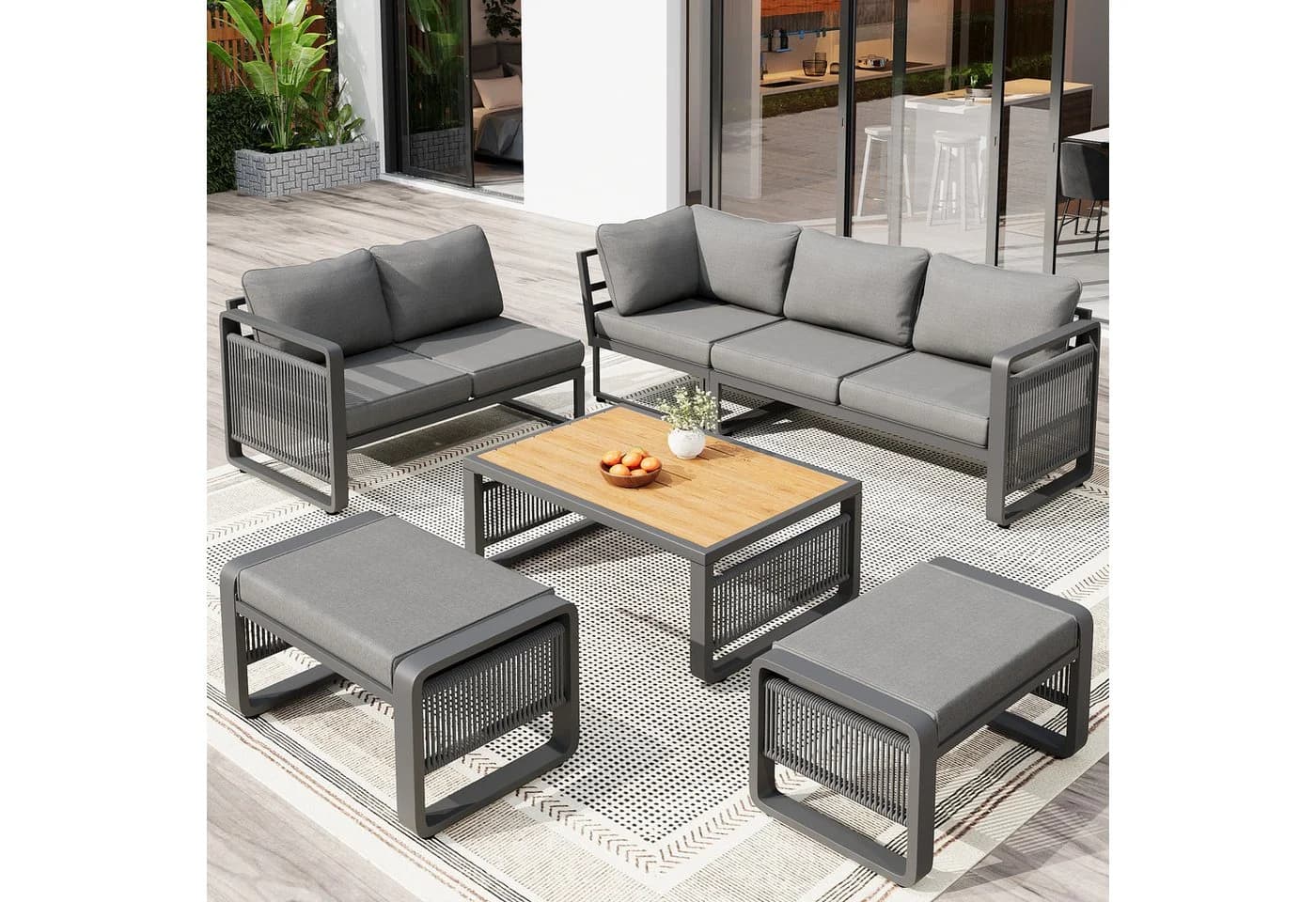 Merax Gartenlounge-Set 7-tlg. Beige/Grau Seilgeflecht - Bild 3