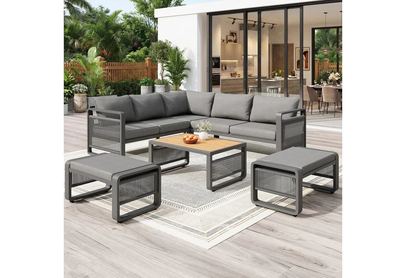 Merax Gartenlounge-Set 7-tlg. Beige/Grau Seilgeflecht - Bild 4