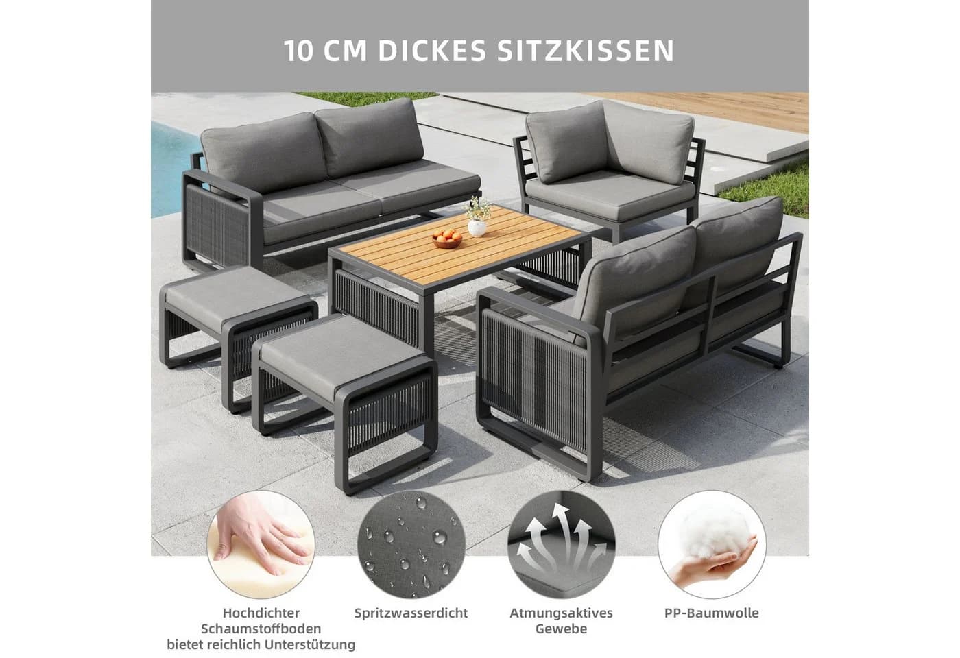Merax Gartenlounge-Set 7-tlg. Beige/Grau Seilgeflecht - Bild 5