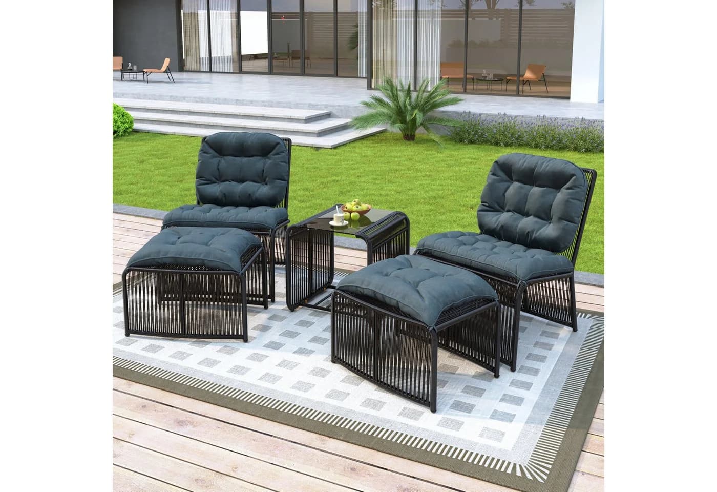 Merax Gartenlounge-Set 5-tlg. Schwarz/Grau PE-Rattan & Eisen