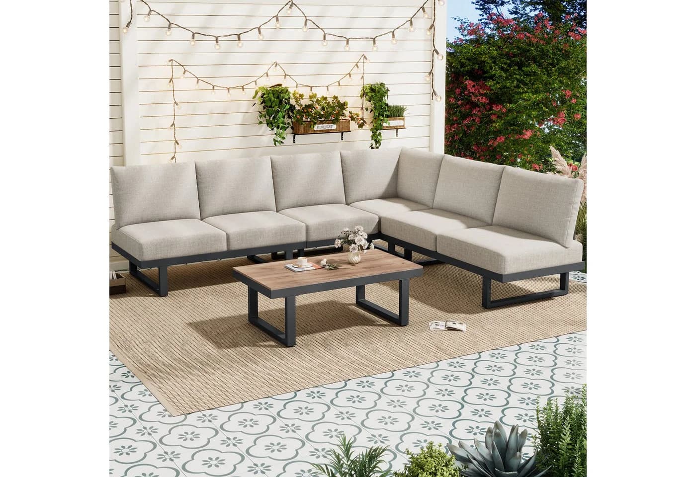 Flieks Gartenlounge-Set 6-Sitzer Grau mit Liegefunktion