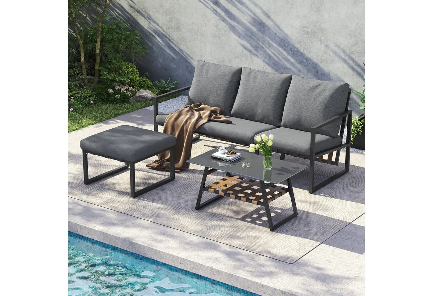 Flieks Gartenlounge-Set 4-Sitzer mit Glastischplatte
