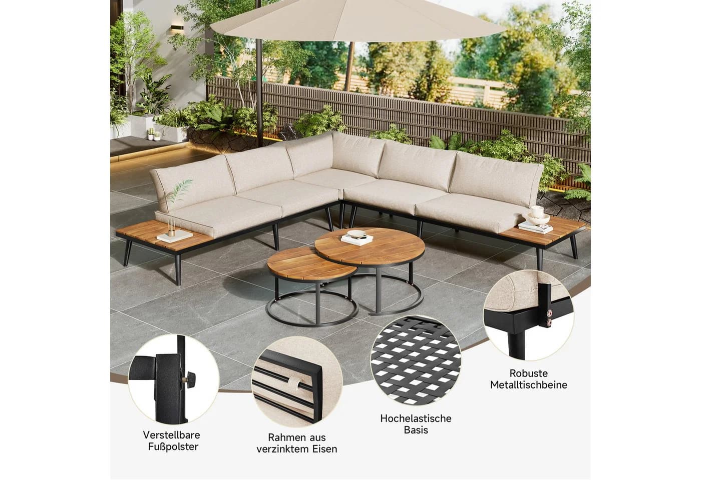 Flieks Gartenlounge-Set 6-tlg. Beige Akazienholz Metall - Bild 5