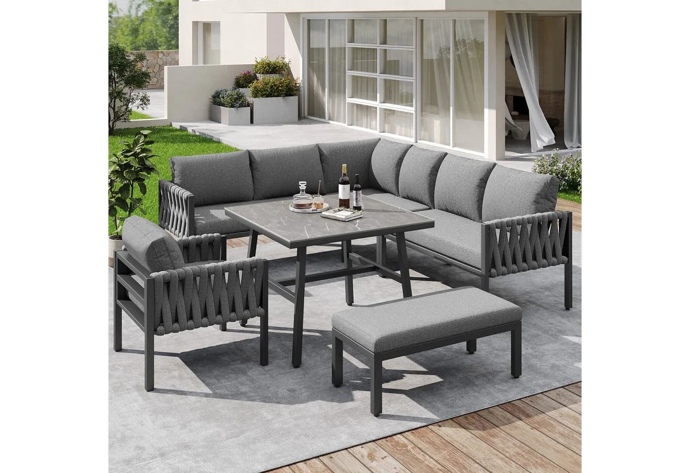 Flieks Gartenlounge-Set 3x 2-Sitzer-Sofa, Sessel, Hocker, Tisch