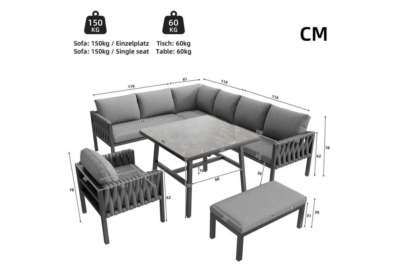 Flieks Gartenlounge-Set 3x 2-Sitzer-Sofa, Sessel, Hocker, Tisch - Bild 5