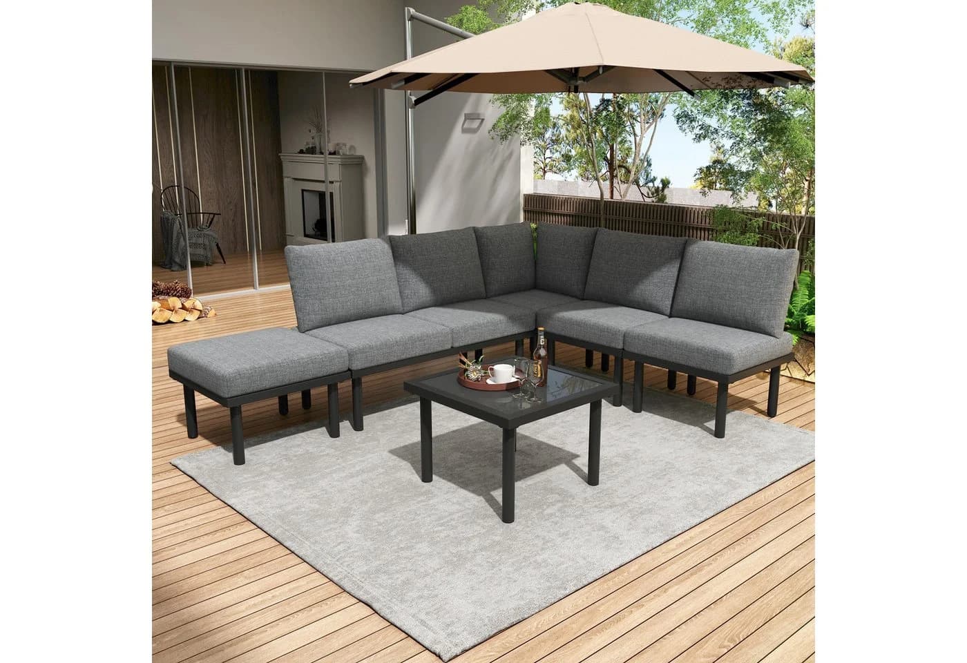 Flieks Gartenlounge-Set 6-Sitzer Grau Seil Glastisch - Bild 2