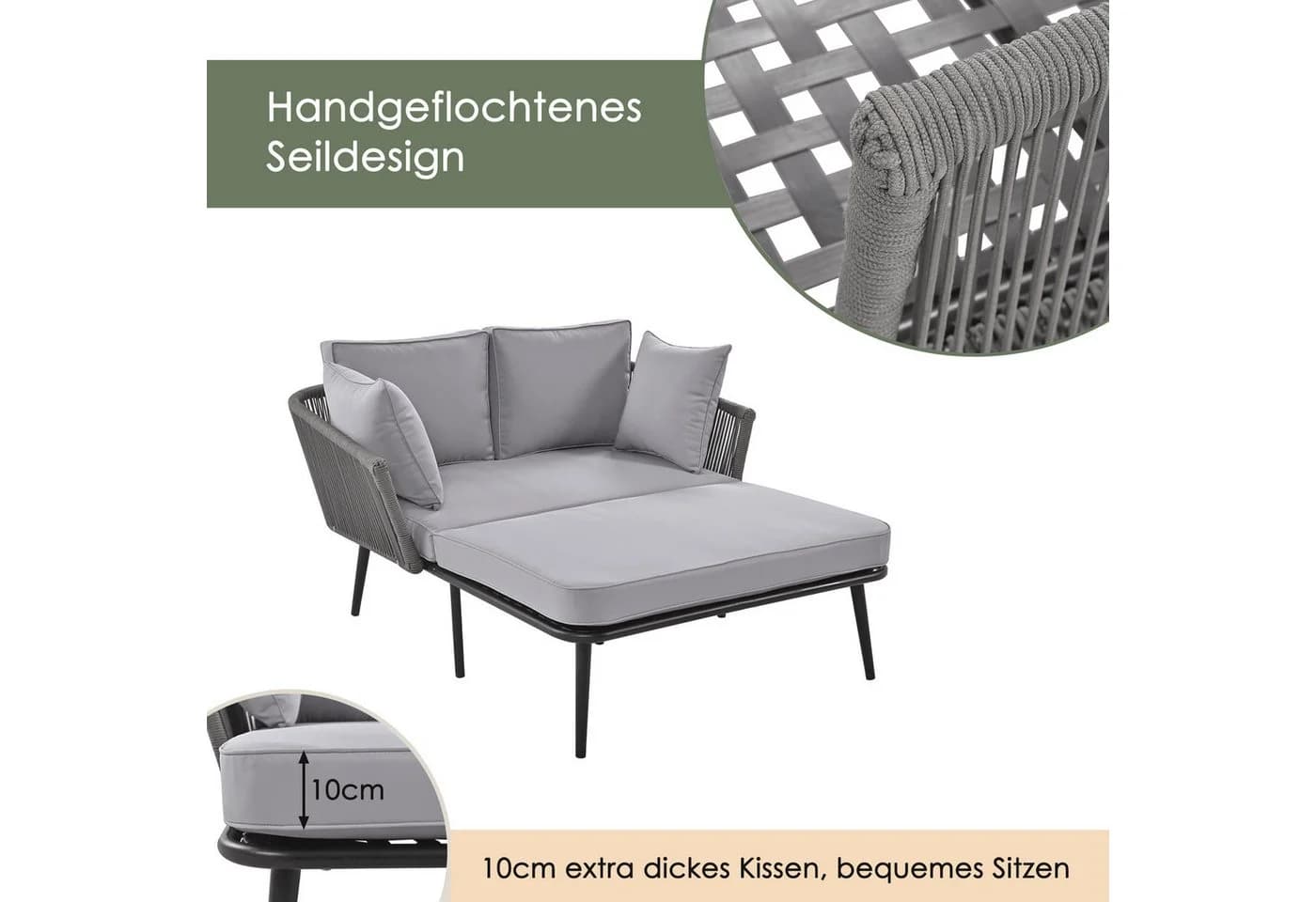 Flieks Gartenliege 2-Sitzer Gartensofa Sonnenliege Gartenlounge Balkonset aus Seil - Bild 5