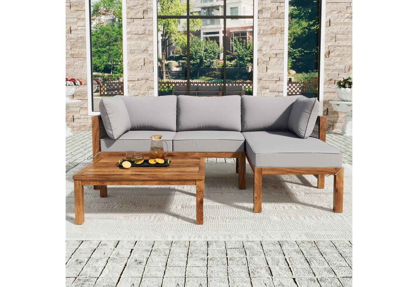 Flieks Gartenlounge-Set 4-Sitzer L-förmig Akazienholz Beige - Bild 3