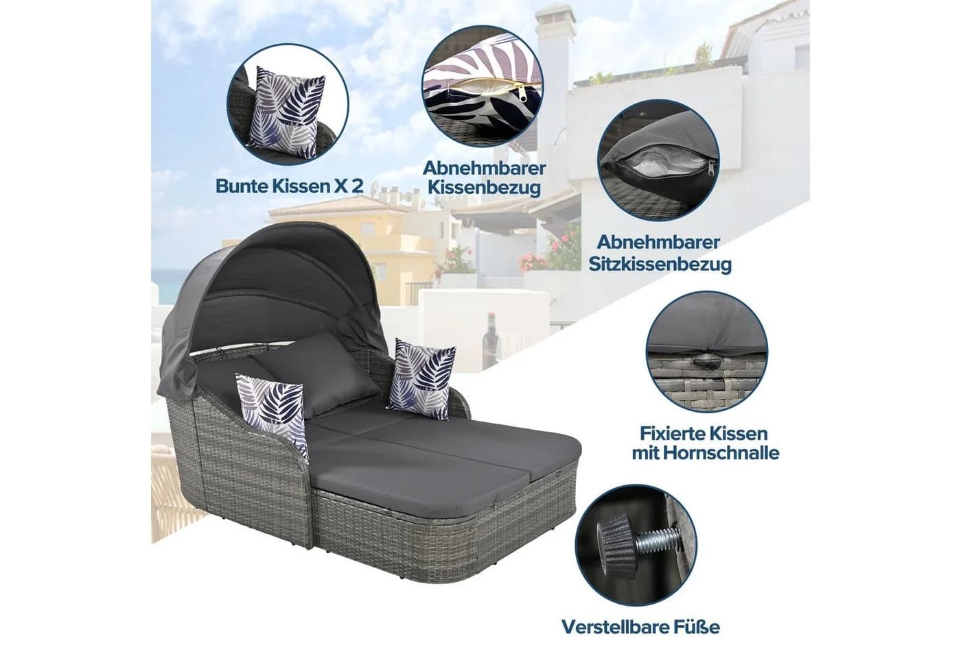 Flieks Gartenlounge-Set Polyrattan 2-Sitzer mit Sonnendach - Bild 4