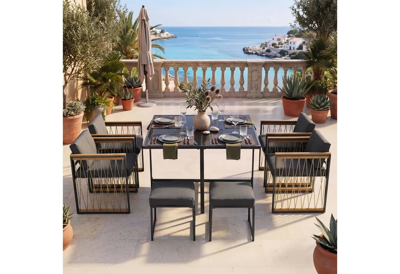 Flieks Garten-Essgruppe 7-tlg. Grau Polyrattan mit Kissen