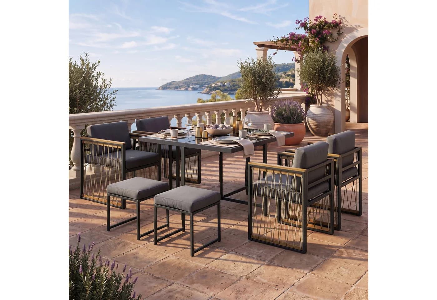Flieks Garten-Essgruppe 7-tlg. Grau Polyrattan mit Kissen - Bild 2