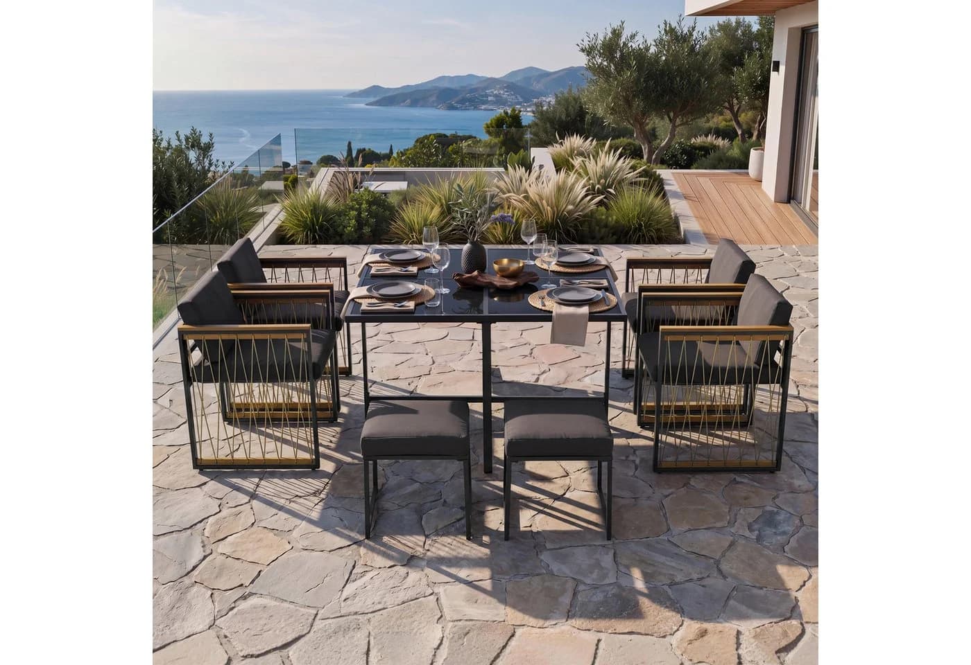 Flieks Garten-Essgruppe 7-tlg. Grau Polyrattan mit Kissen - Bild 3