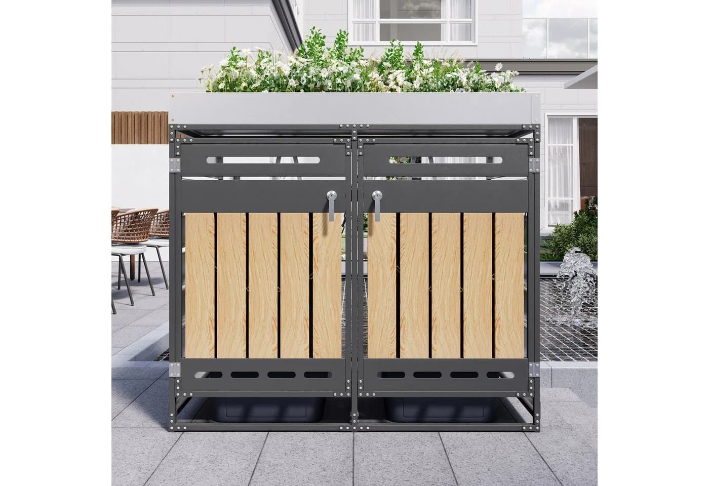 Merax Mülltonnenbox 2 Fächer Schwarz Metall mit Pflanzkasten