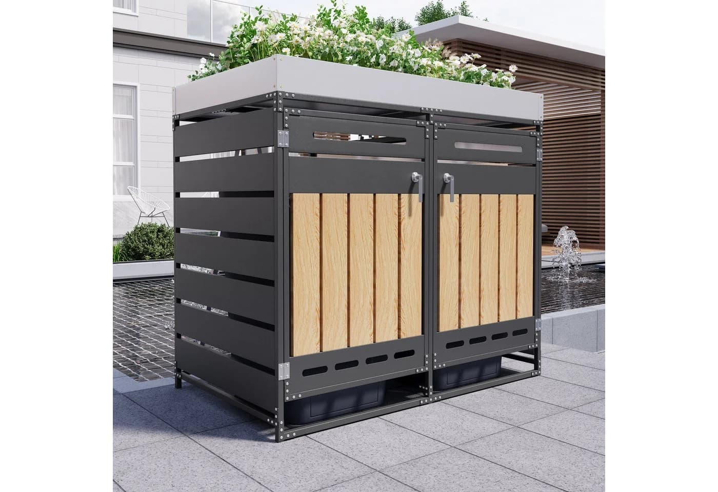 Merax Mülltonnenbox 2 Fächer Schwarz Metall mit Pflanzkasten - Bild 2
