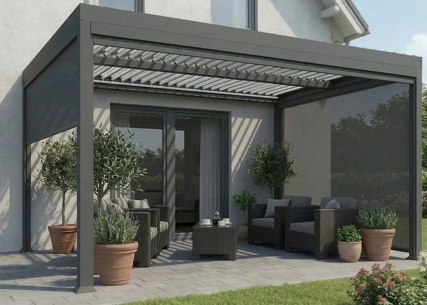 MCW Terrassendach Pergola Anthrazit Lamellen Seitenrollos - Bild 2