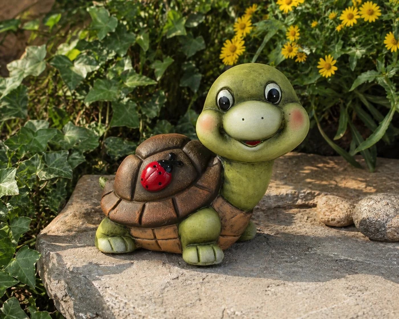 MF Gartenfigur Schildkröte mit Marienkäfer Keramik Grün - Bild 2