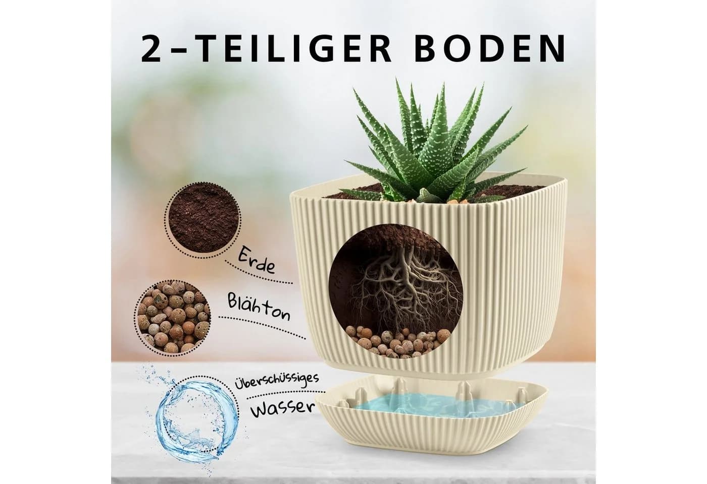KONZEPT Blumentopf mit Untersetzer 2in1 Kunststoff Creme - Bild 3