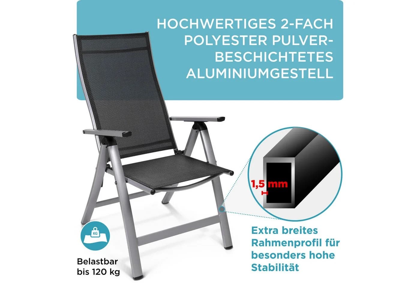 Gardisun Gartenstuhl Klappbar Aluminium Silber Anthrazit 5-fach verstellbar
