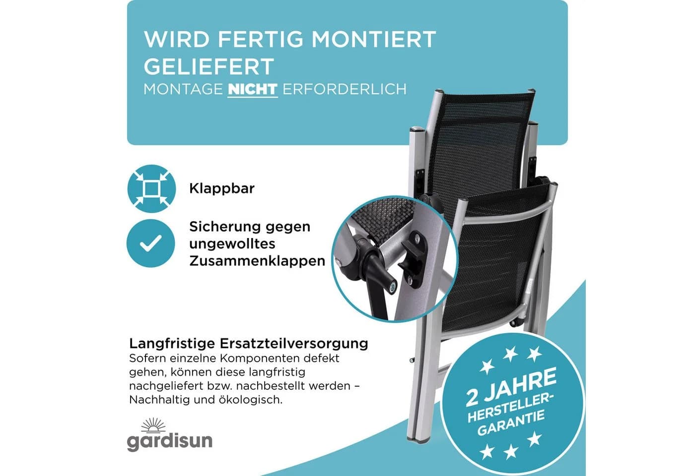 Gardisun Gartenstuhl Hochlehner Klappbar 5-fach Verstellbar Anthrazit & Silber - Bild 4