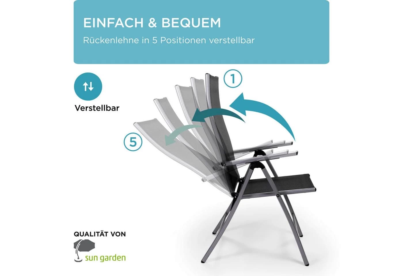 Gardisun Gartenstuhl Hochlehner Klappbar 5-fach Verstellbar Anthrazit & Silber - Bild 5