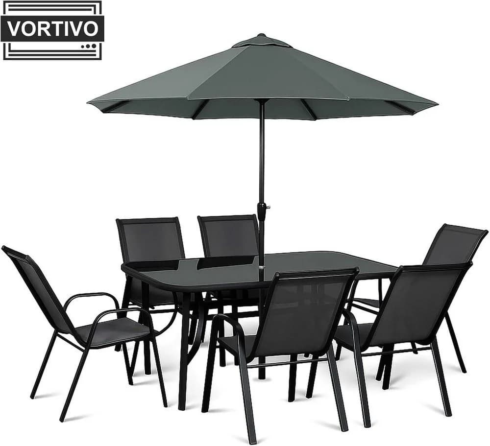 VORTIVO Essgruppe 8-teilig Schwarz Stahl Glas Sonnenschirm
