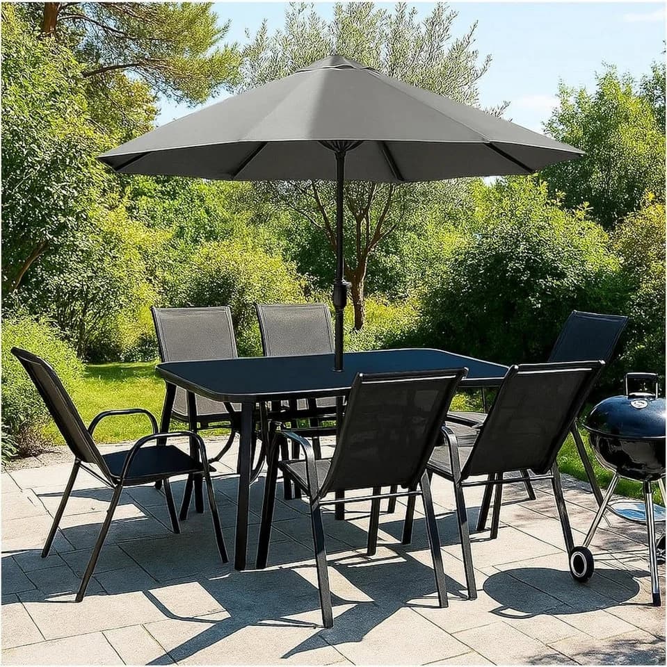 VORTIVO Essgruppe 8-teilig Schwarz Stahl Glas Sonnenschirm - Bild 2