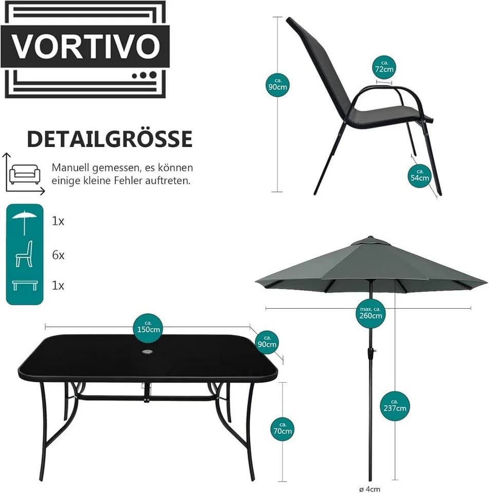 VORTIVO Essgruppe 8-teilig Schwarz Stahl Glas Sonnenschirm - Bild 3