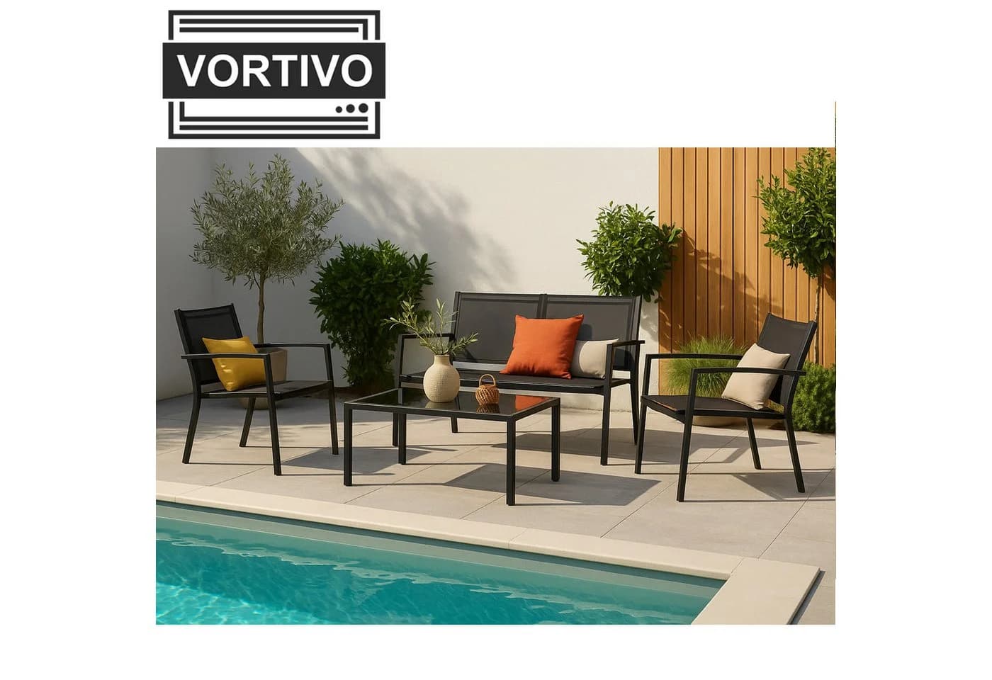 VORTIVO Gartenlounge-Set 4-tlg. Schwarz Aluminium mit Glastisch - Bild 2