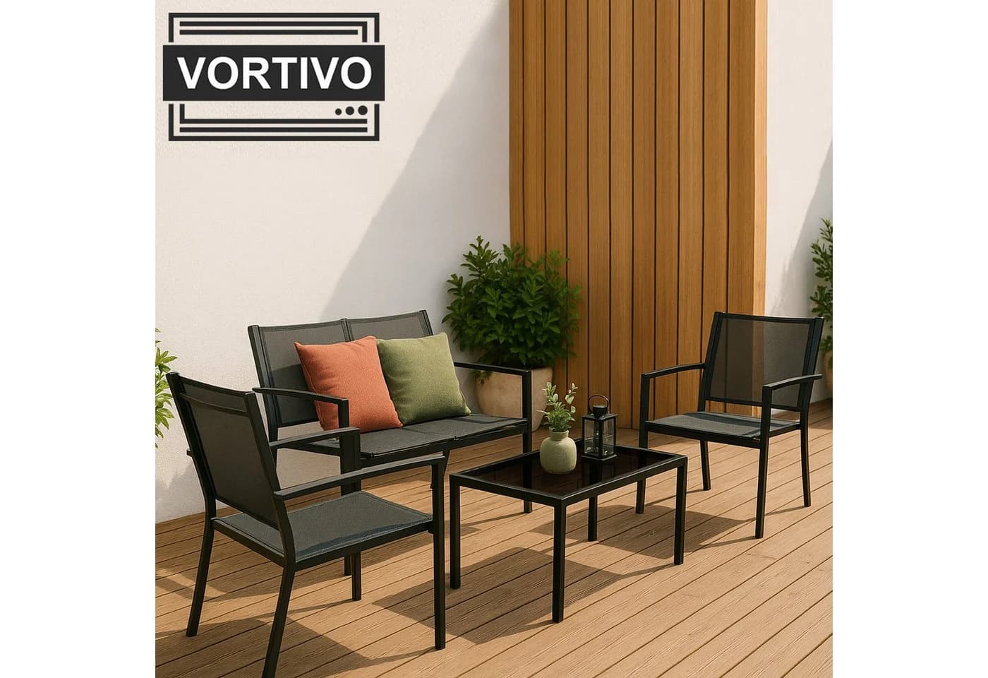 VORTIVO Gartenlounge-Set 4-tlg. Schwarz Aluminium mit Glastisch - Bild 3