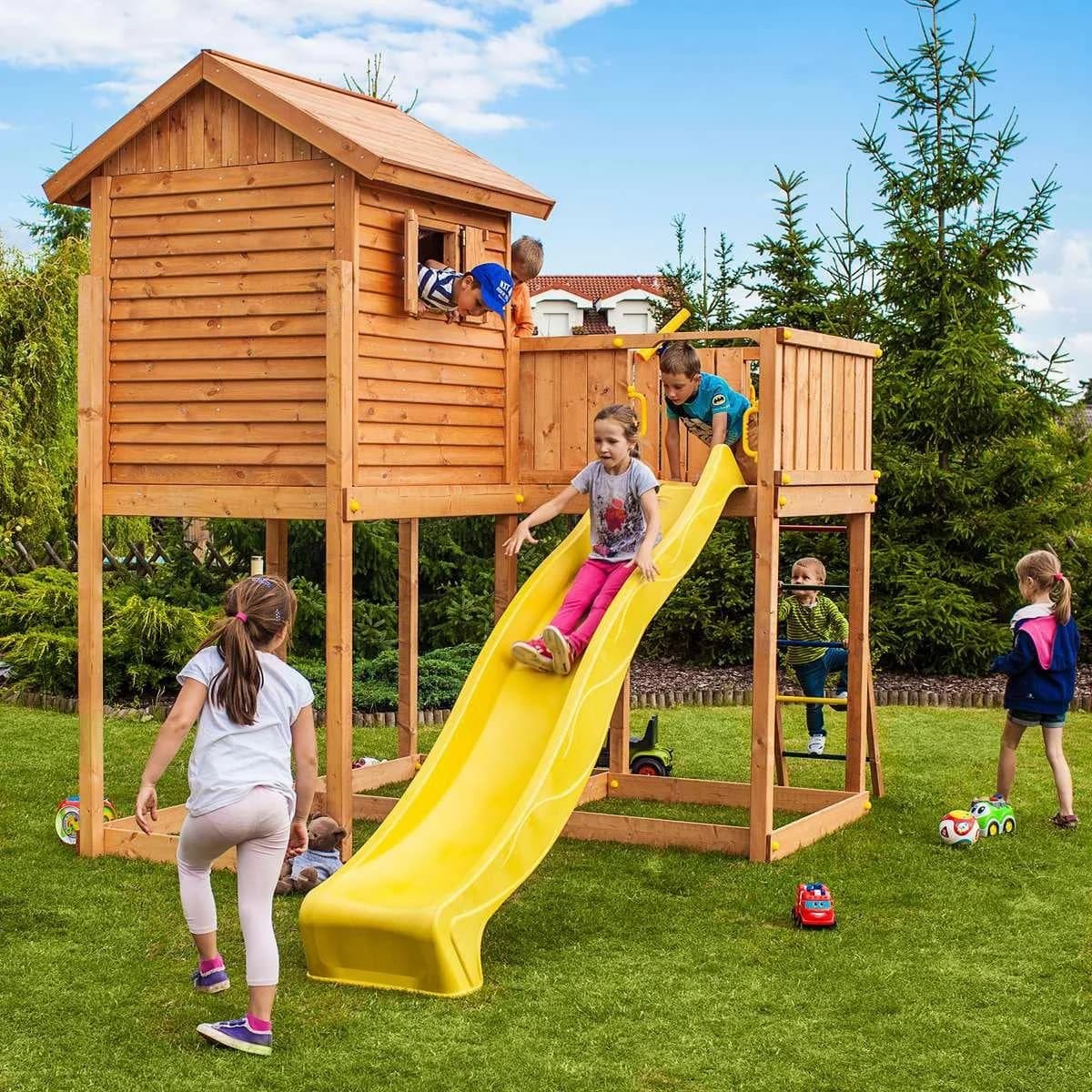 Spielturm FUNGOO My SIDE mit Rutsche Braun Gelb