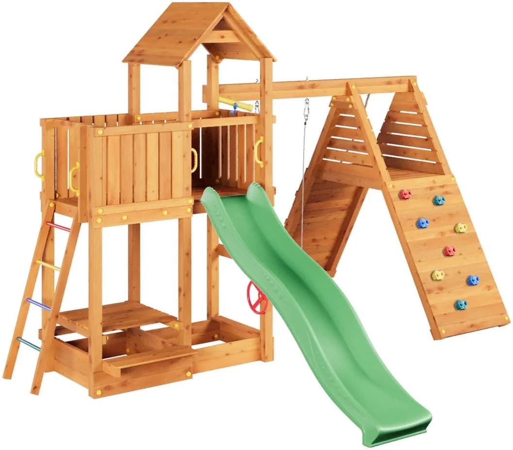 Fungoo FLUPPI TEAK Spielturm mit Rutsche, Schaukel & Klettermodul