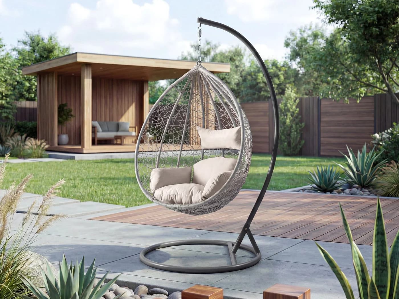 MIRJAN24 Hängesessel Savona Grau Rattan Metallskelett Kissen-Set