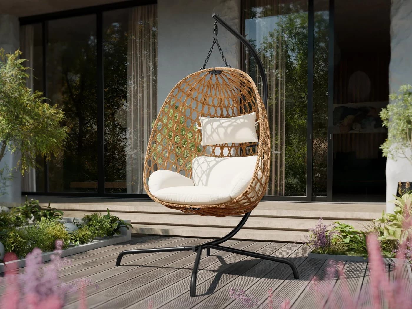 MIRJAN24 Hängesessel Liwebo Rattan Metallskelett Schwarz Beige